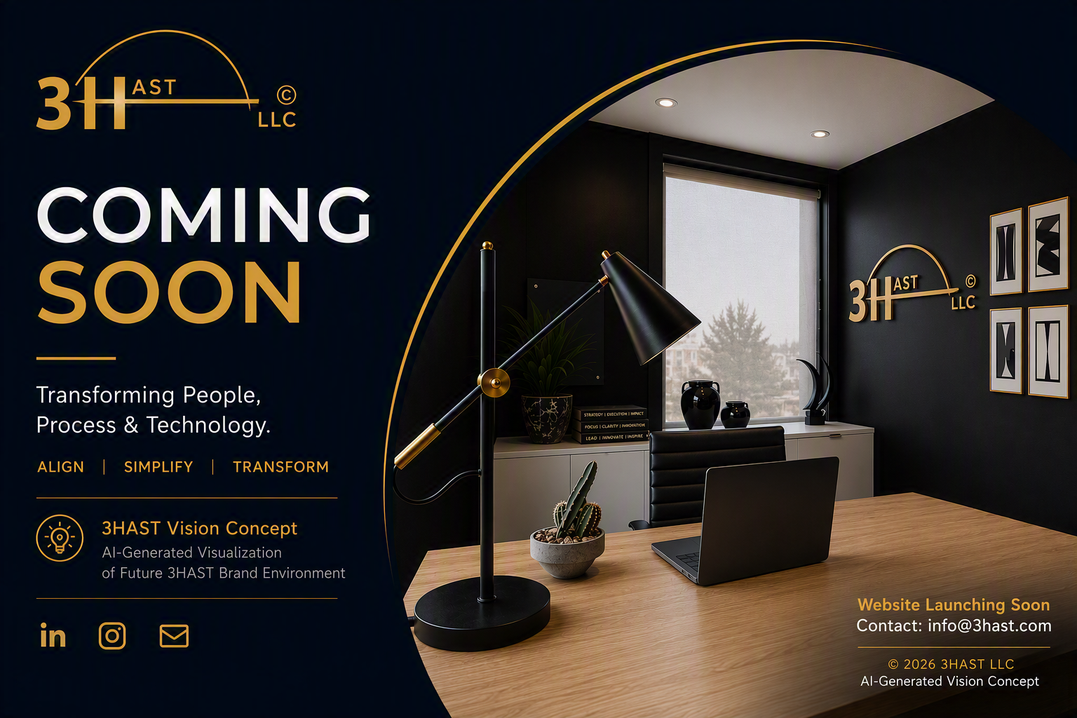 3HAST LLC coming soon. Transforming People, Process, and Technology. Align, Simplify, Transform. 3HAST Vision Concept, an AI-generated visualization of a future 3HAST brand environment. Website launching soon. Contact info@3hast.com.